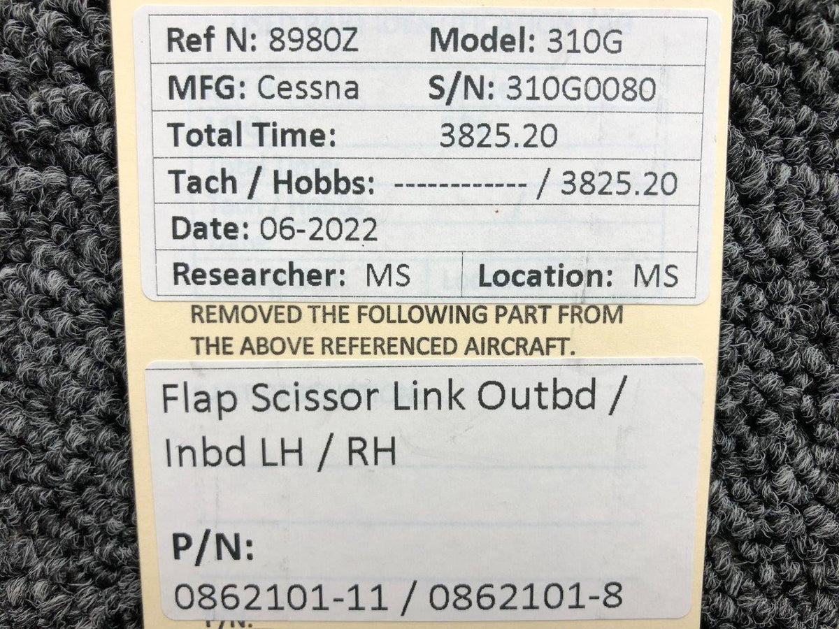 0862101-11 / 0862101-8 Cessna 310G Flap Scissor Link Outboard / Inboard LH / RH BAS Part Sales | Airplane Parts