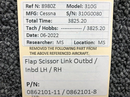 0862101-11 / 0862101-8 Cessna 310G Flap Scissor Link Outboard / Inboard LH / RH BAS Part Sales | Airplane Parts