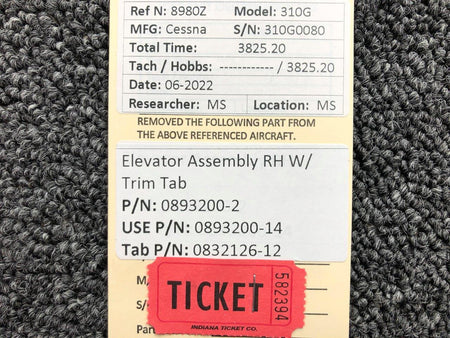 Cessna Aircraft Parts 0893200-2, 0832126-12 Cessna 310G Elevator Assembly RH w Trim Tab