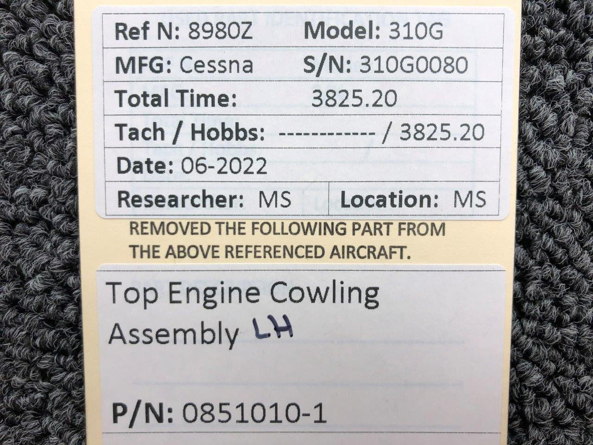 Cessna Aircraft Parts 0851010-1 Cessna 310G Top Engine Cowling Assembly LH Engine