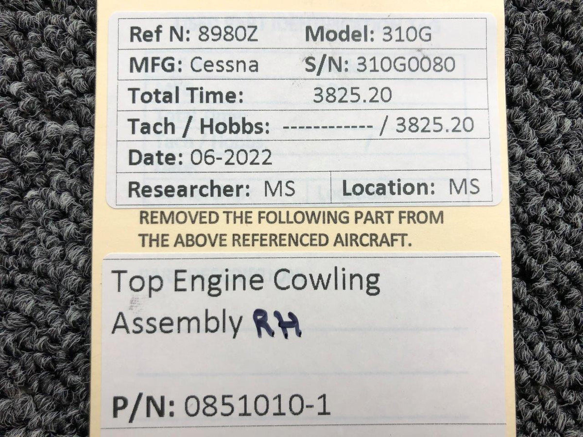 Cessna Aircraft Parts 0851010-1 Cessna 310G Top Engine Cowling Assembly RH Engine