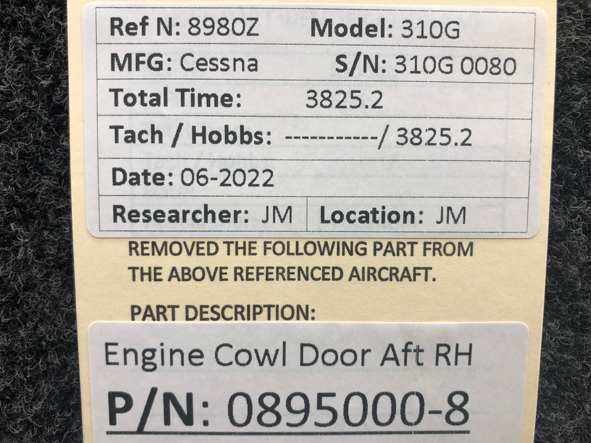 Cessna Aircraft Parts 0895000-8 Cessna 310G Engine Cowl Door AFT Assembly RH