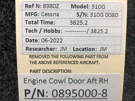 Cessna Aircraft Parts 0895000-8 Cessna 310G Engine Cowl Door AFT Assembly RH