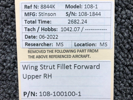 108-1001001-1 Stinson 108-1 Wing Strut Fillet Forward Upper RH BAS Part Sales | Airplane Parts