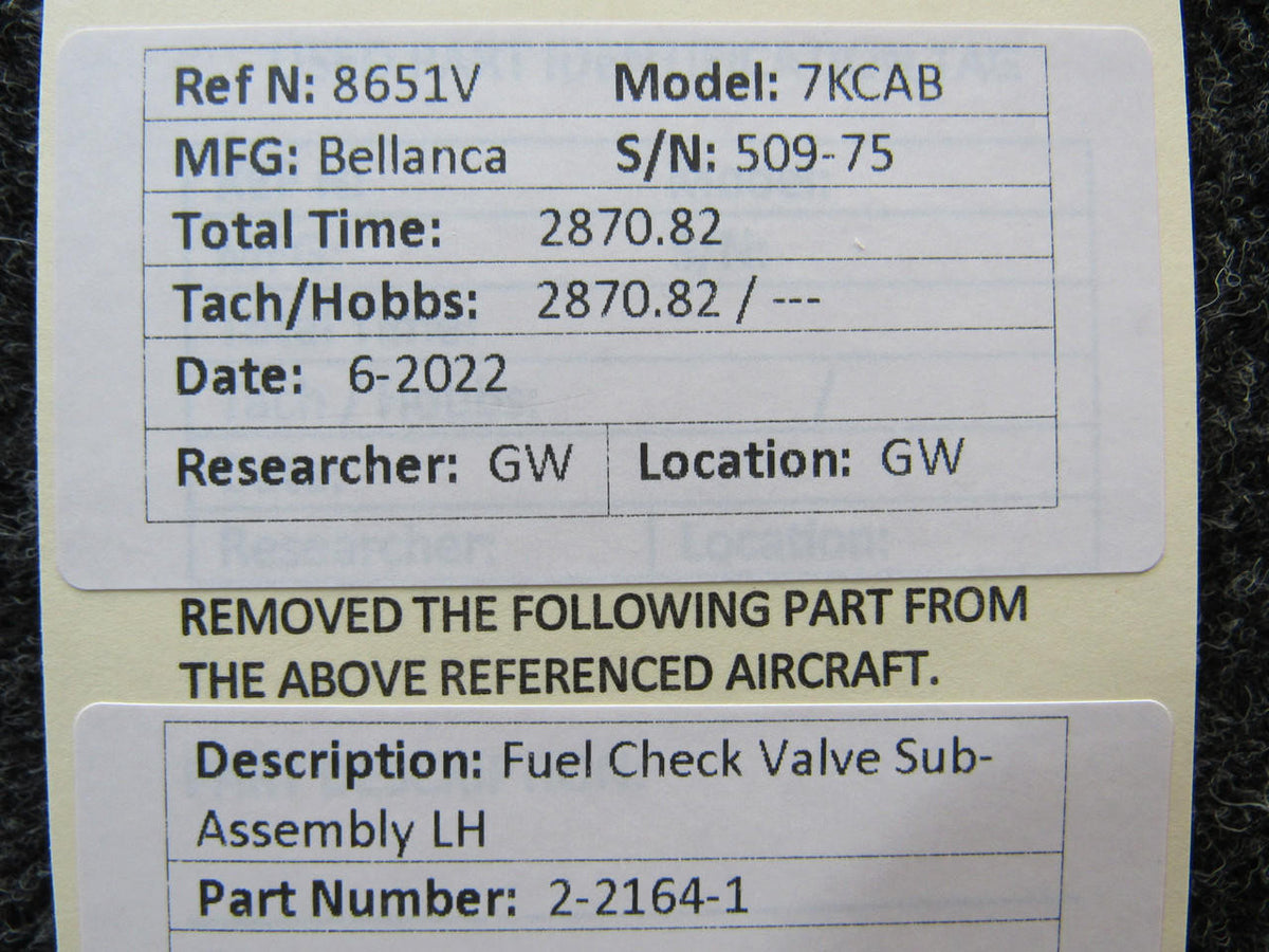 Bellanca 2-2164-1 Bellanca 7KCAB Fuel Check Valve Sub-Assembly LH