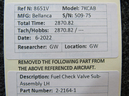 Bellanca 2-2164-1 Bellanca 7KCAB Fuel Check Valve Sub-Assembly LH