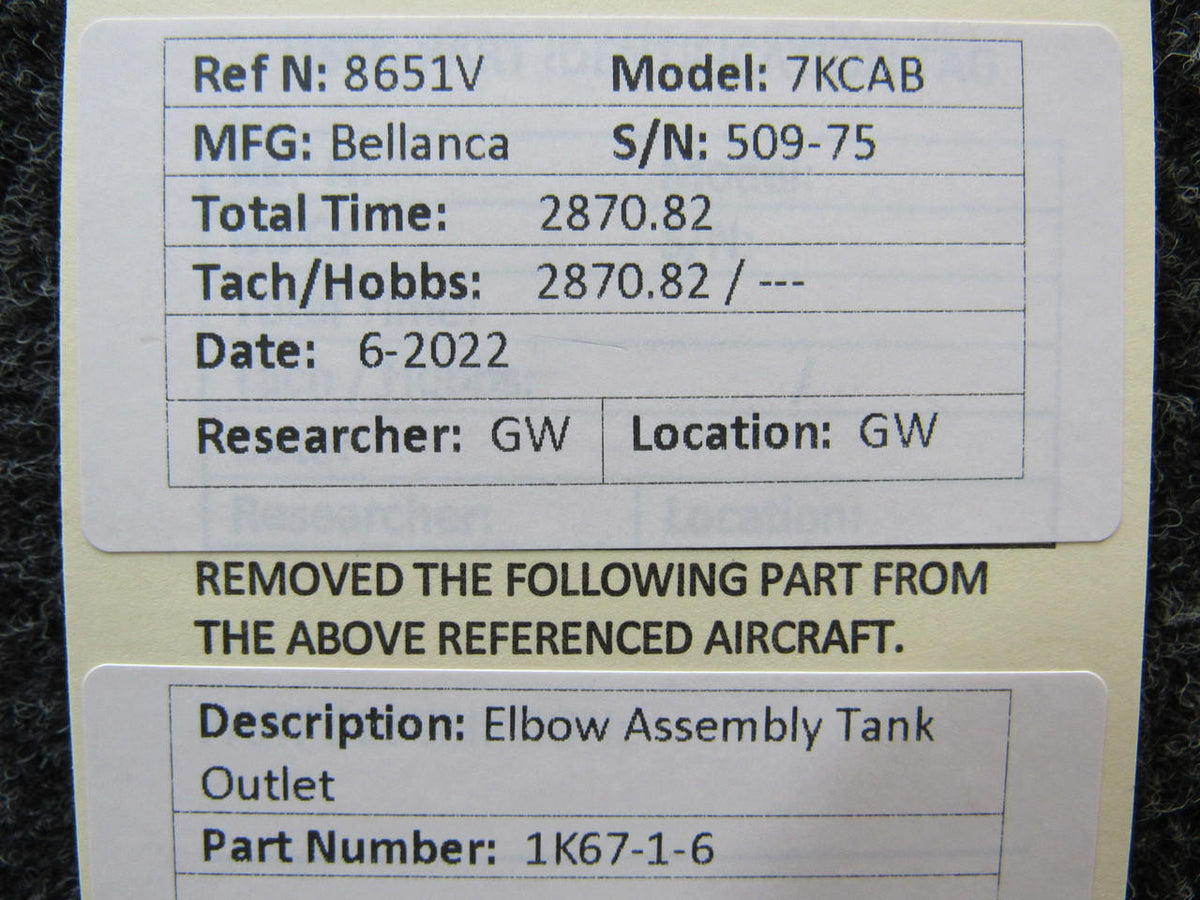 Bellanca 1K67-1-6 Bellanca 7KCAB Elbow Assembly Tank Outlet