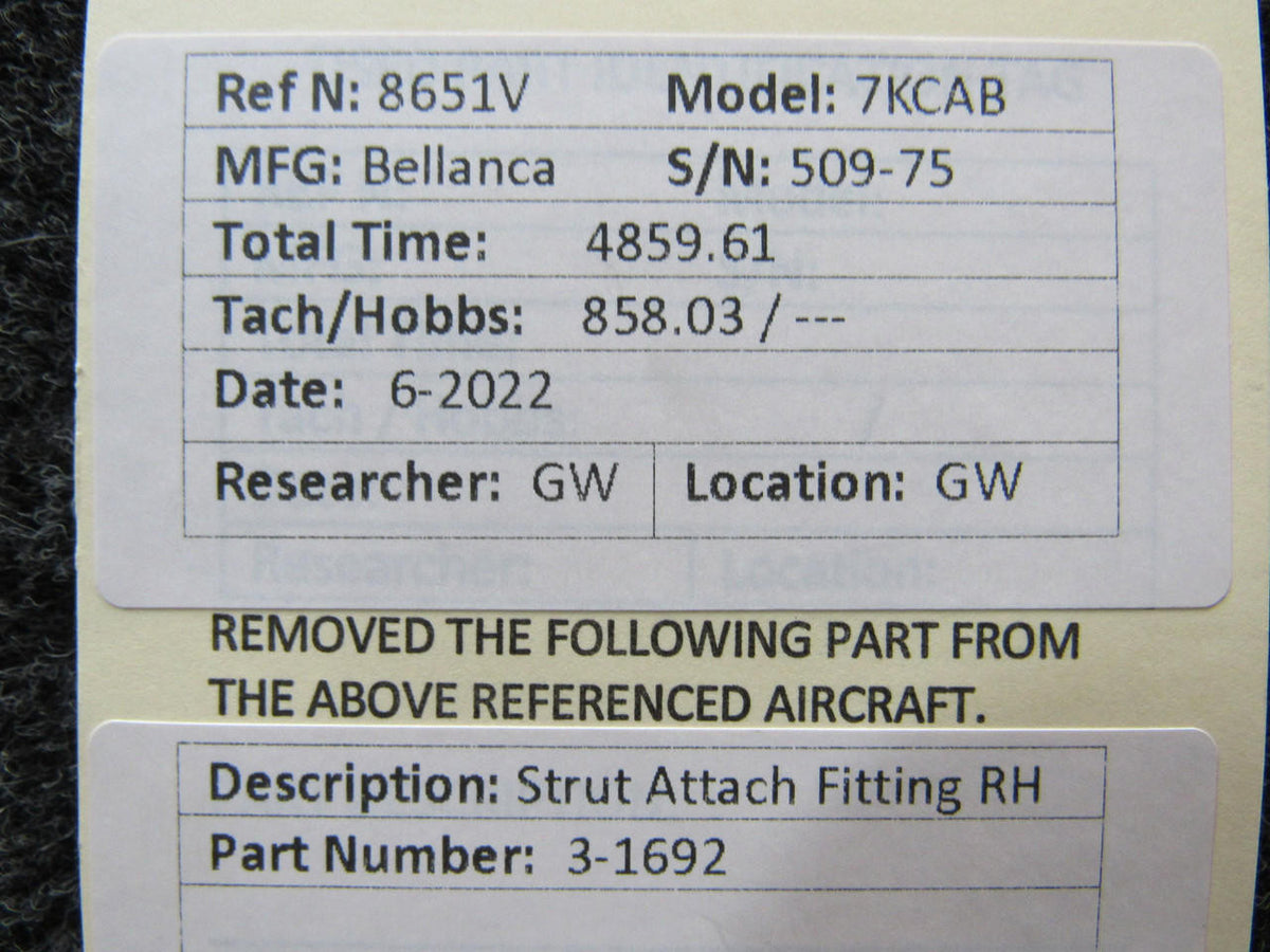 3-1692 Bellanca 7KCAB Strut Attach Fitting RH BAS Part Sales | Airplane Parts
