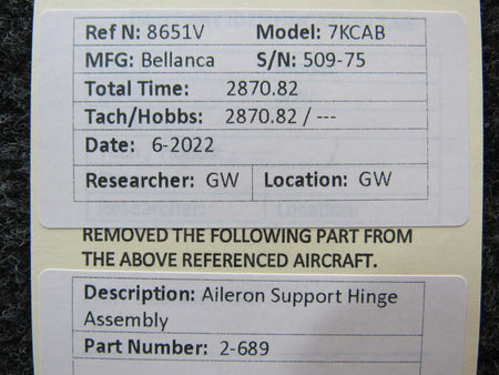 Bellanca 2-689 Bellanca 7KCAB Aileron Support Hinge Assembly