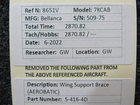 5-416-4D  Bellanca 7KCAB Wing Support Brace (AEROBATIC) BAS Part Sales | Airplane Parts