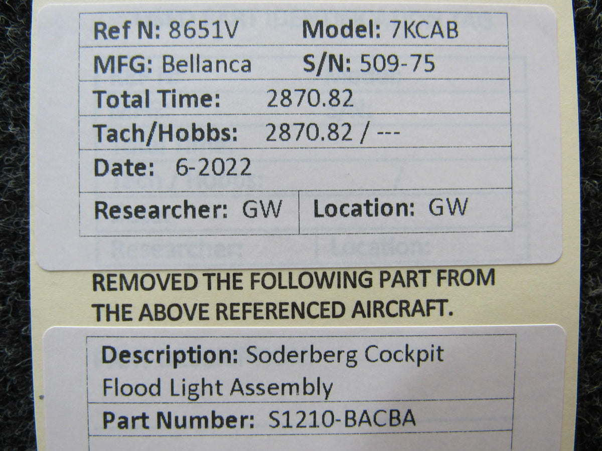 S1210-BACBA Soderberg Cockpit Flood Light Assembly BAS Part Sales | Airplane Parts