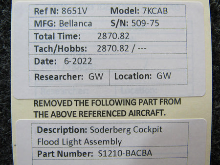 S1210-BACBA Soderberg Cockpit Flood Light Assembly BAS Part Sales | Airplane Parts