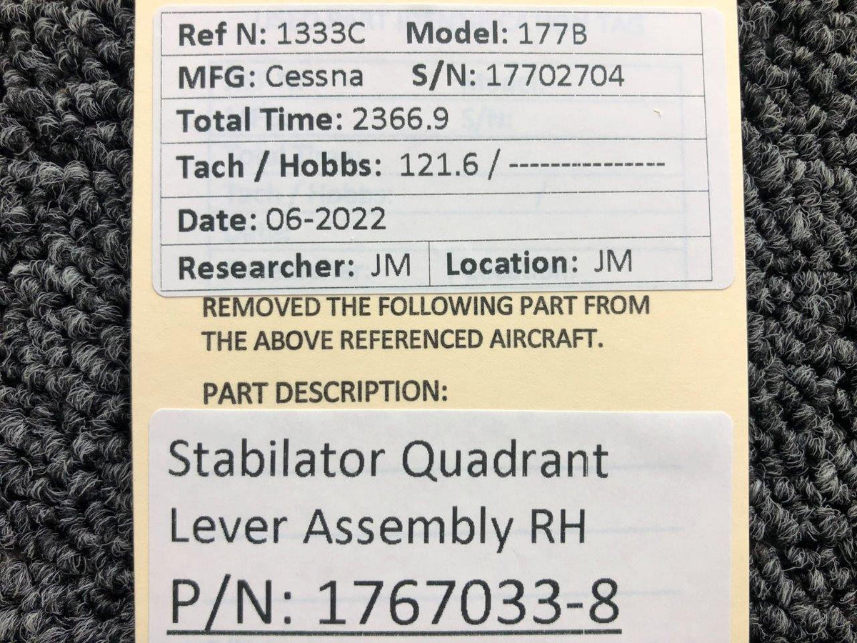Cessna Aircraft Parts 1767033-8 Cessna 177B Stabilator Quadrant Lever Assembly RH