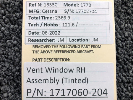 1717060-204 Cessna 177B Vent Window Assembly RH (Tinted) BAS Part Sales | Airplane Parts