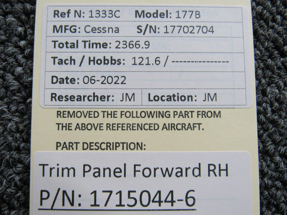 Cessna Aircraft Parts 1715044-6 Cessna 177B Trim Panel Forward Assembly RH