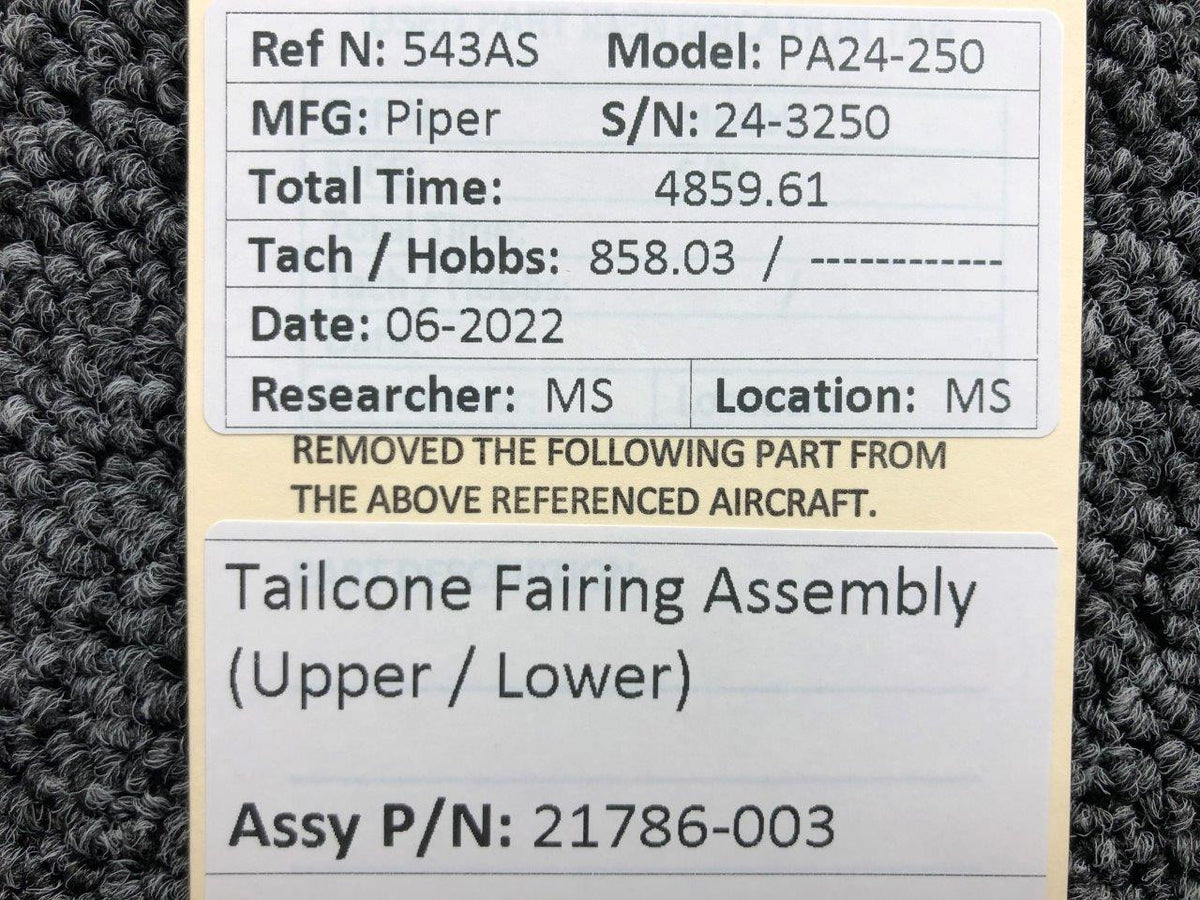 21786-003 Piper PA24-250 Tailcone Fairing Assembly Upper / Lower BAS Part Sales | Airplane Parts