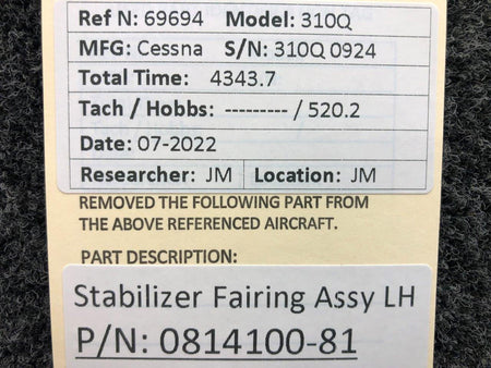 Cessna Aircraft Parts 0814100-81 Cessna 310Q Stabilizer Fairing Assembly LH