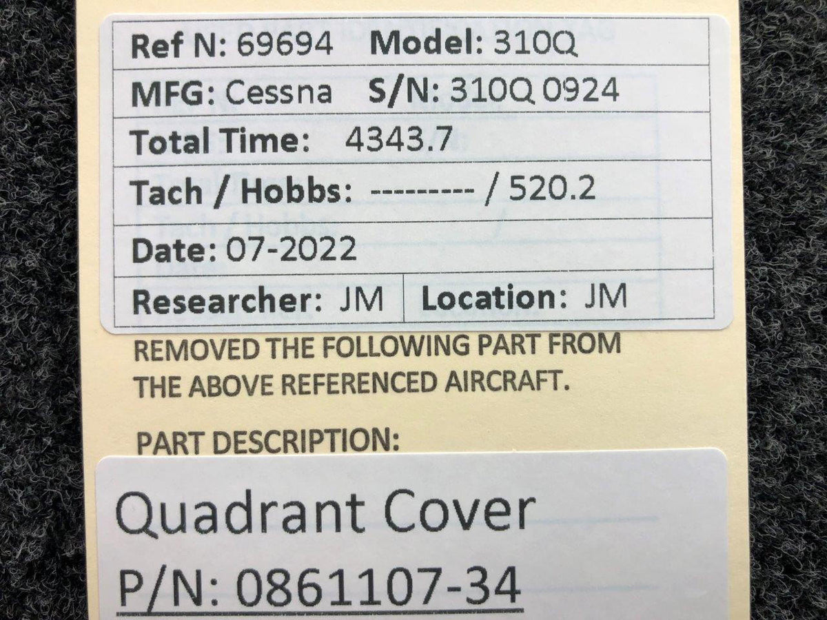 Cessna Aircraft Parts 0861107-34 Cessna 310Q Quadrant Cover