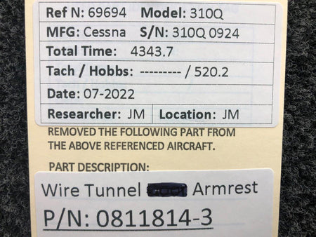 Cessna Aircraft Parts 0811814-3 Cessna 310Q Wire Tunnel Armrest Assembly