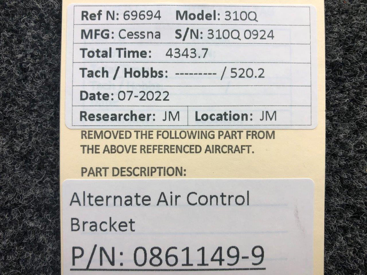 Cessna Aircraft Parts 0861149-9 Cessna 310Q Alternate Air Control Bracket