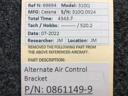 Cessna Aircraft Parts 0861149-9 Cessna 310Q Alternate Air Control Bracket
