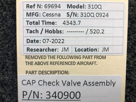 Commercial Aircraft Products 340900 Commercial Aircraft Products Check Valve Assembly