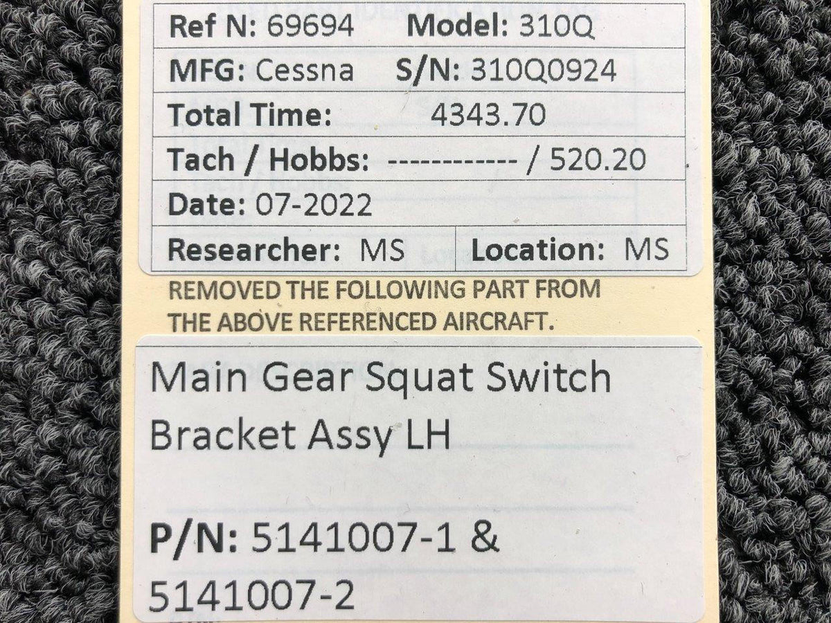5141007-1 / 5141007-2 Cessna 310Q Main Gear Squat Switch Bracket Assy LH BAS Part Sales | Airplane Parts
