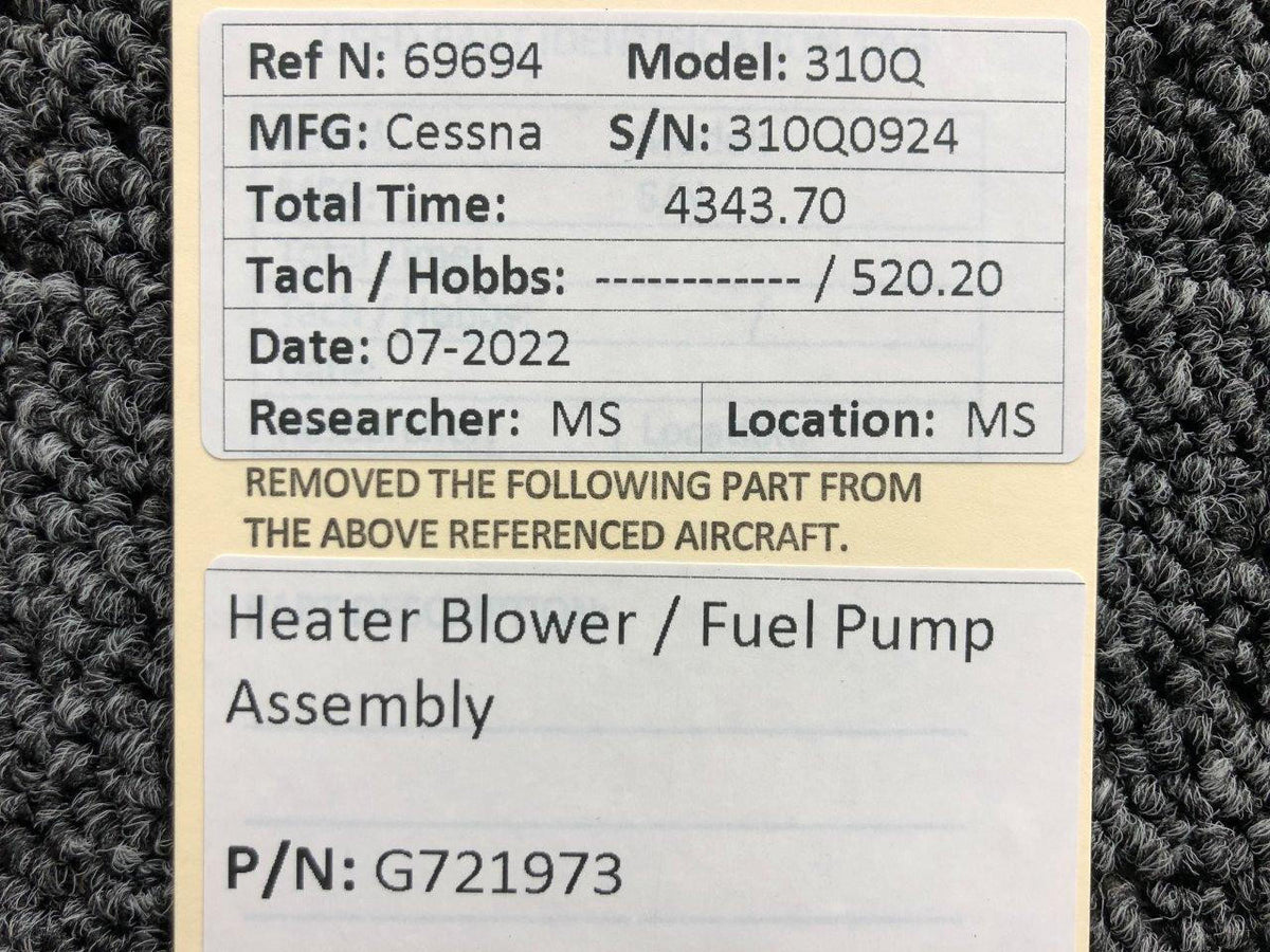 Cessna Aircraft Parts G721973 Cessna 310Q Heater Blower / Fuel Pump Assembly
