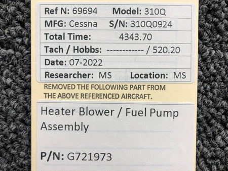 Cessna Aircraft Parts G721973 Cessna 310Q Heater Blower / Fuel Pump Assembly
