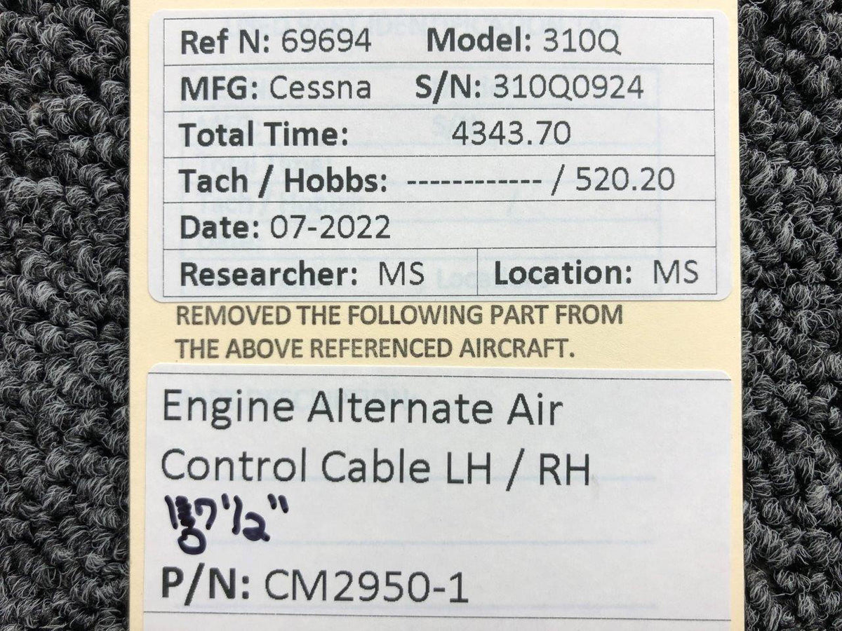 Cessna Aircraft Parts CM2950-1 Cessna 310Q Engine Alternate Air Control Cable RH Length 107-1/2