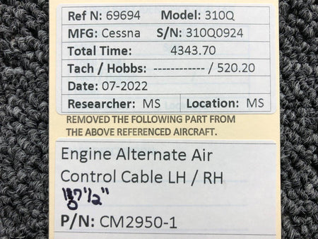 Cessna Aircraft Parts CM2950-1 Cessna 310Q Engine Alternate Air Control Cable RH Length 107-1/2