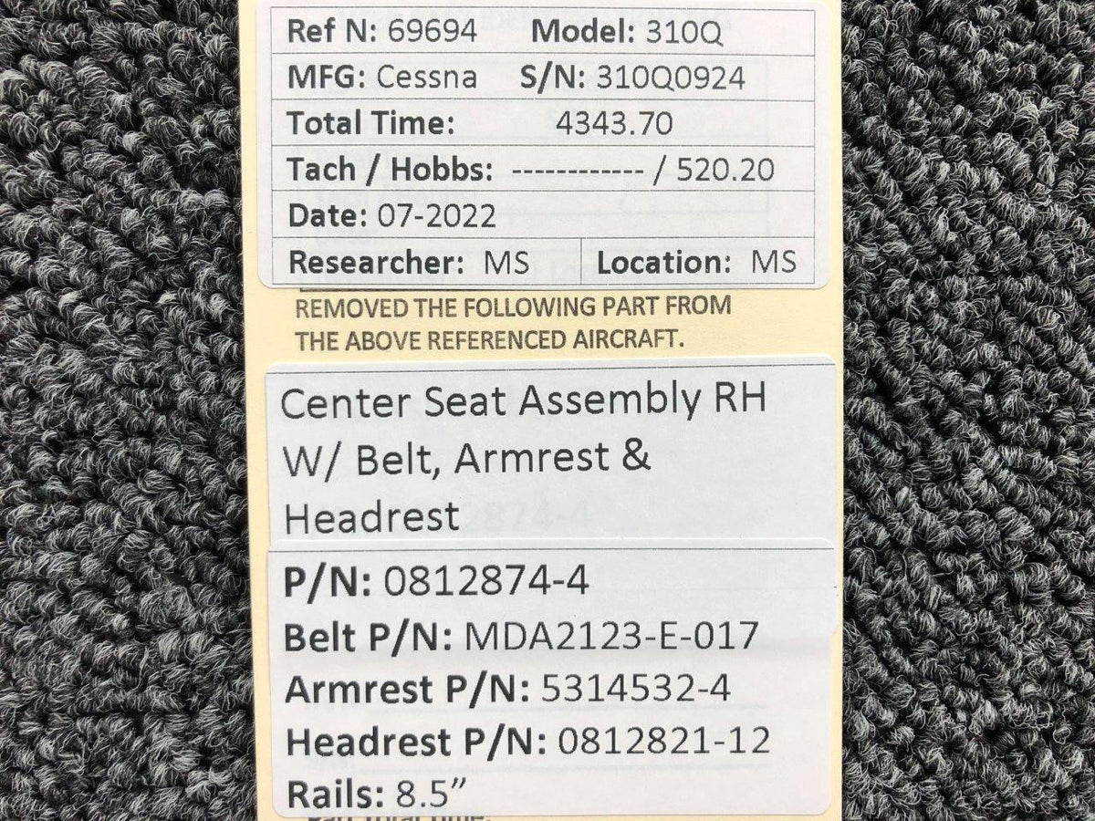 Cessna Aircraft Parts 0812874-4 Cessna 310Q Center Seat Assembly RH Rails 8.5
