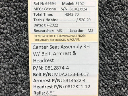 Cessna Aircraft Parts 0812874-4 Cessna 310Q Center Seat Assembly RH Rails 8.5
