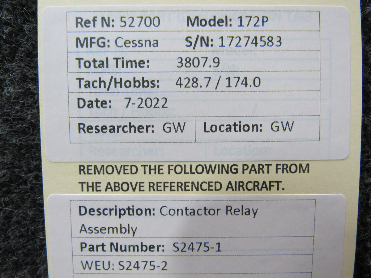 Cessna Aircraft Parts S2475-1 WEU S2475-2 Cessna 172P Contactor Relay Assembly