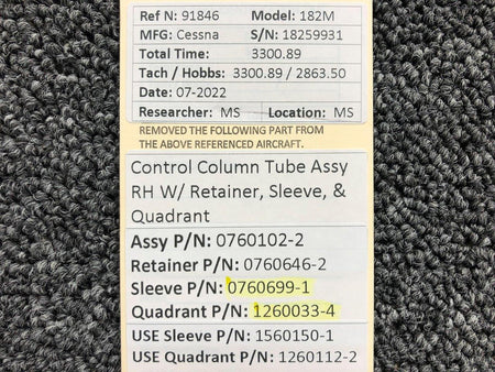 Cessna Aircraft Parts 0760102-2 / 0760646-2 Cessna 182M Control Column RH W/ Retainer and Sleeve