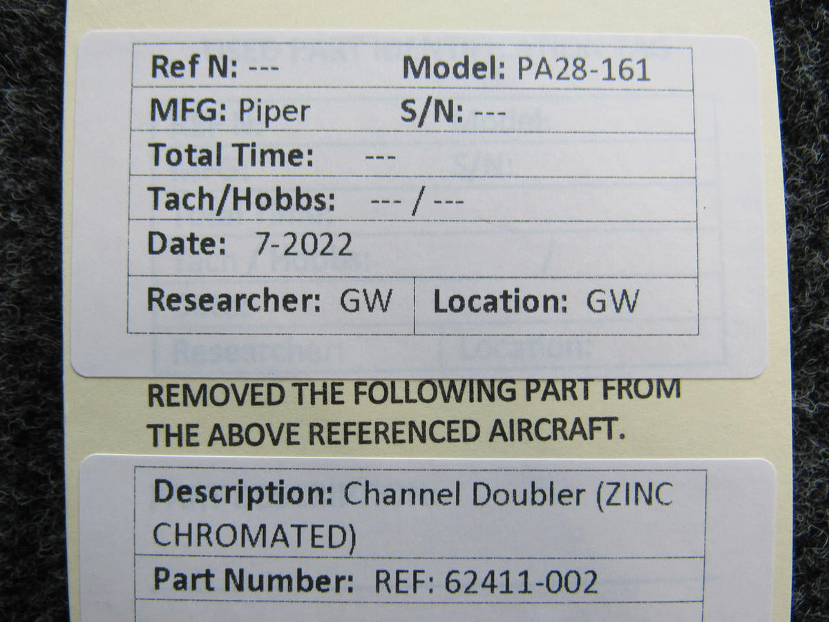 Piper Aircraft Parts Reference 62411-002 Piper PA28-161 Channel Doubler ZINC CHROMATED