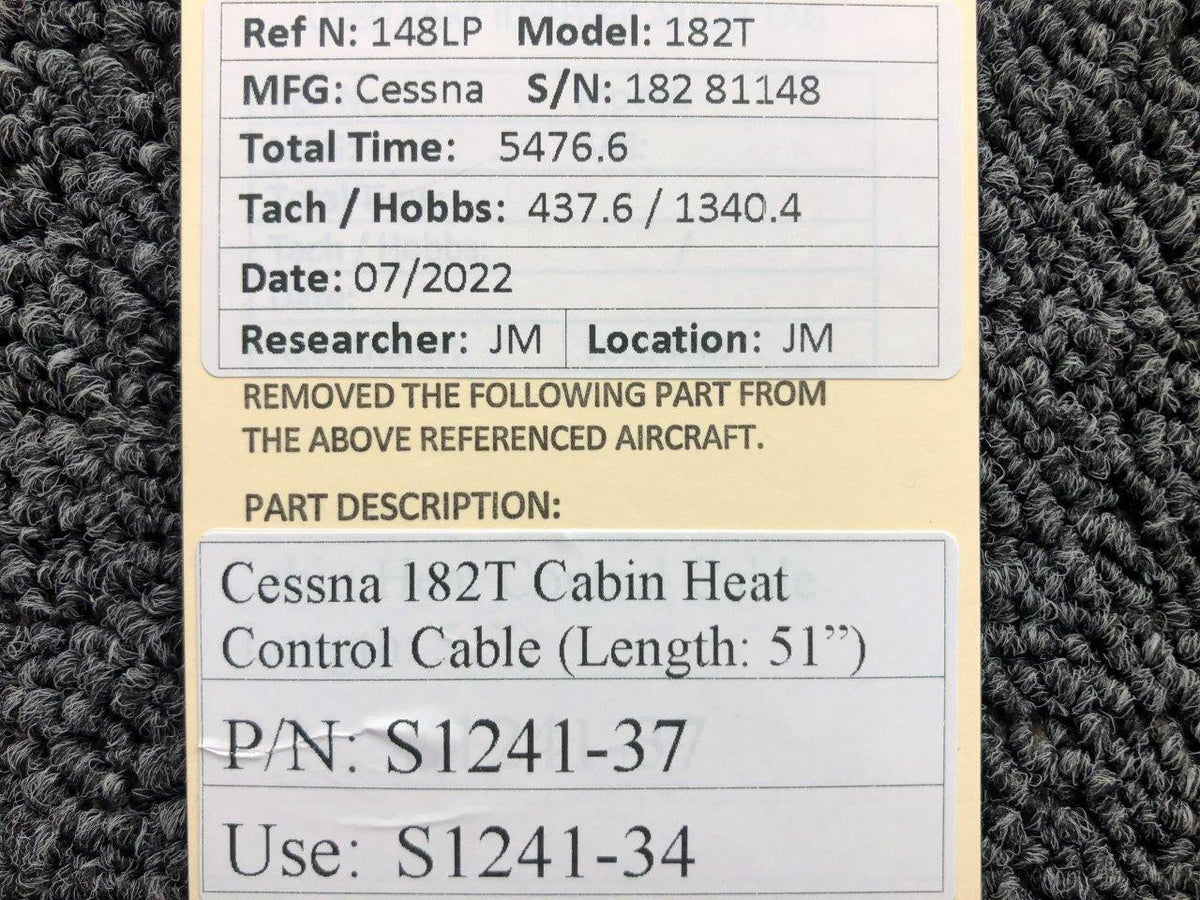 Cessna Aircraft Parts S1241-37 USE S1241-34 Cessna 182T Cabin Heat Control Cable Length 51
