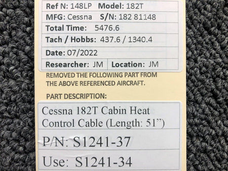 Cessna Aircraft Parts S1241-37 USE S1241-34 Cessna 182T Cabin Heat Control Cable Length 51