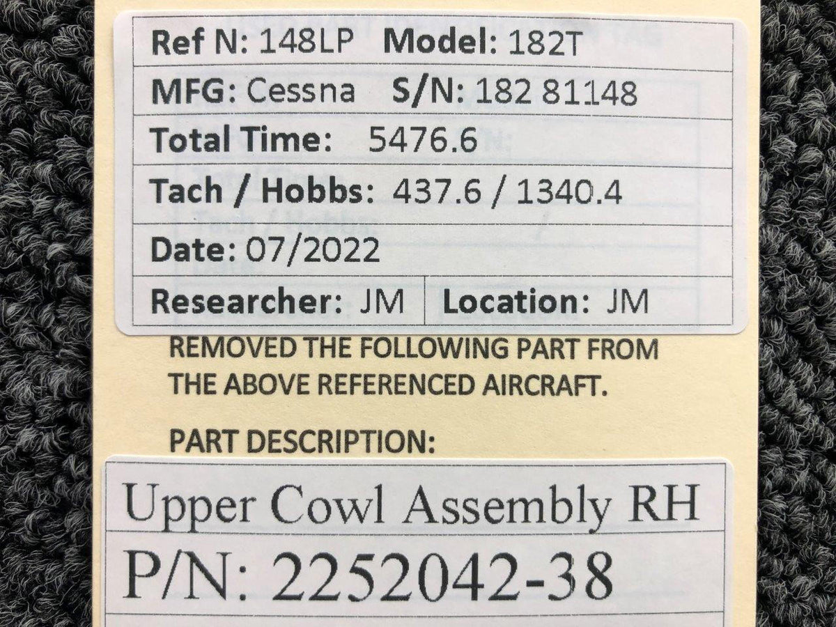 2252042-38 Cessna 182T Upper Cowl Assembly RH BAS Part Sales | Airplane Parts