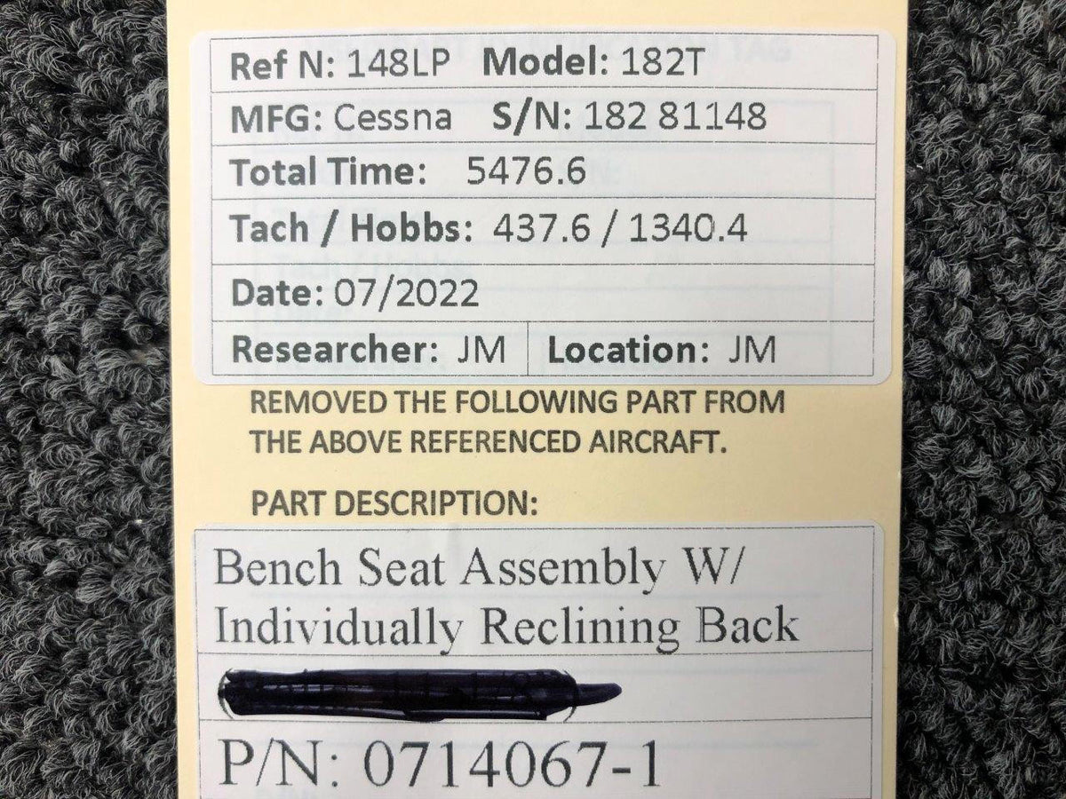 Cessna Aircraft Parts 0714067-1 Cessna 182T Bench Seat Assembly W/ Individually Reclining Back