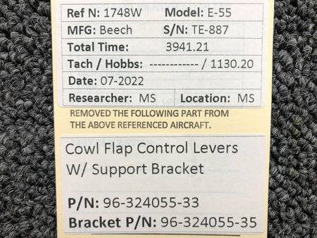Beechcraft Parts 96-324055-33 / 96-324055-35 Beechcraft E-55 Cowl Flap Control Levers W/ Support