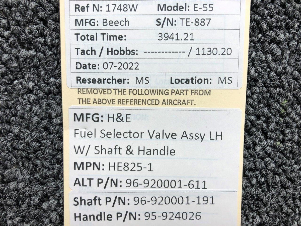 HE825-1 (ALT: 96-920001-611) H&E Fuel Selector Valve LH W/ Shaft & Handle BAS Part Sales | Airplane Parts