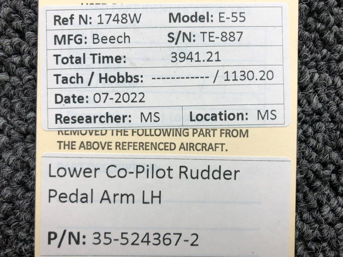 Beechcraft Parts 35-524367-2 Beechcraft E-55 Lower Co-Pilot Rudder Pedal Arm LH
