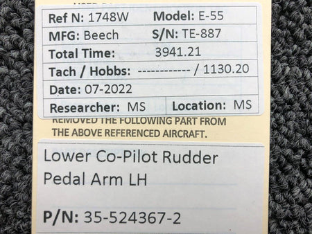 Beechcraft Parts 35-524367-2 Beechcraft E-55 Lower Co-Pilot Rudder Pedal Arm LH