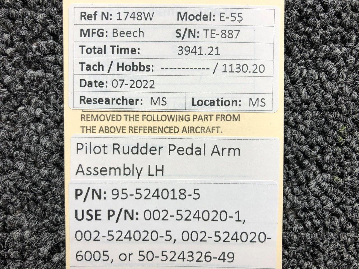 Beechcraft Parts 95-524018-5 USE 50-524326-49 Beechcraft E-55 Pilot Rudder Pedal Arm Assy LH