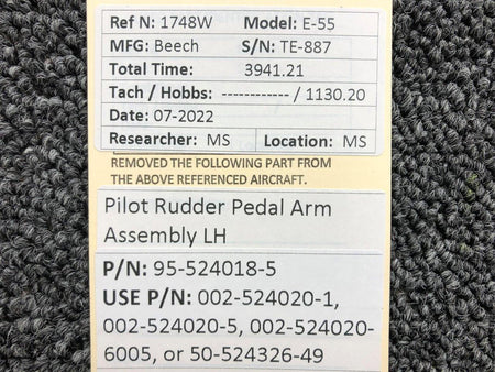 Beechcraft Parts 95-524018-5 USE 50-524326-49 Beechcraft E-55 Pilot Rudder Pedal Arm Assy LH
