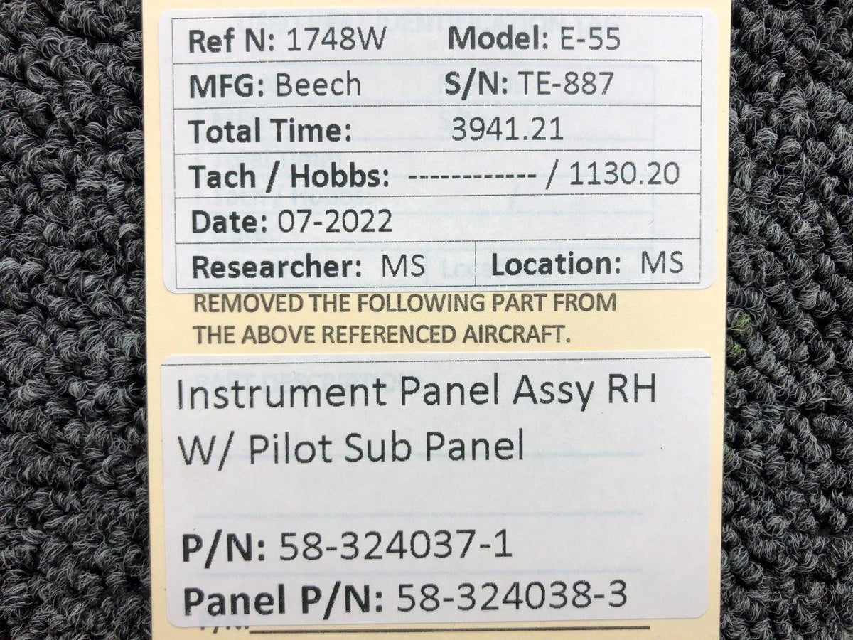 58-324037-1 / 58-324038-3 Beech E-55 Instrument Panel Assy RH W/ Pilot Sub Panel BAS Part Sales | Airplane Parts