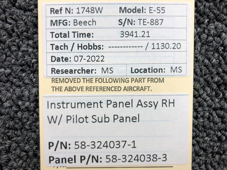 58-324037-1 / 58-324038-3 Beech E-55 Instrument Panel Assy RH W/ Pilot Sub Panel BAS Part Sales | Airplane Parts