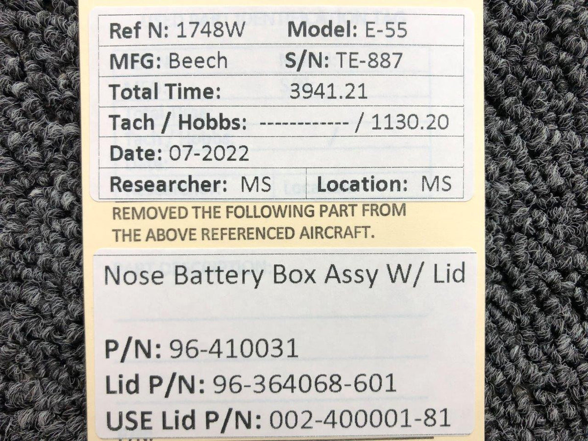 96-410031 / 96-364068-601 Beechcraft E-55 Nose Battery Box Assembly W/ Lid BAS Part Sales | Airplane Parts
