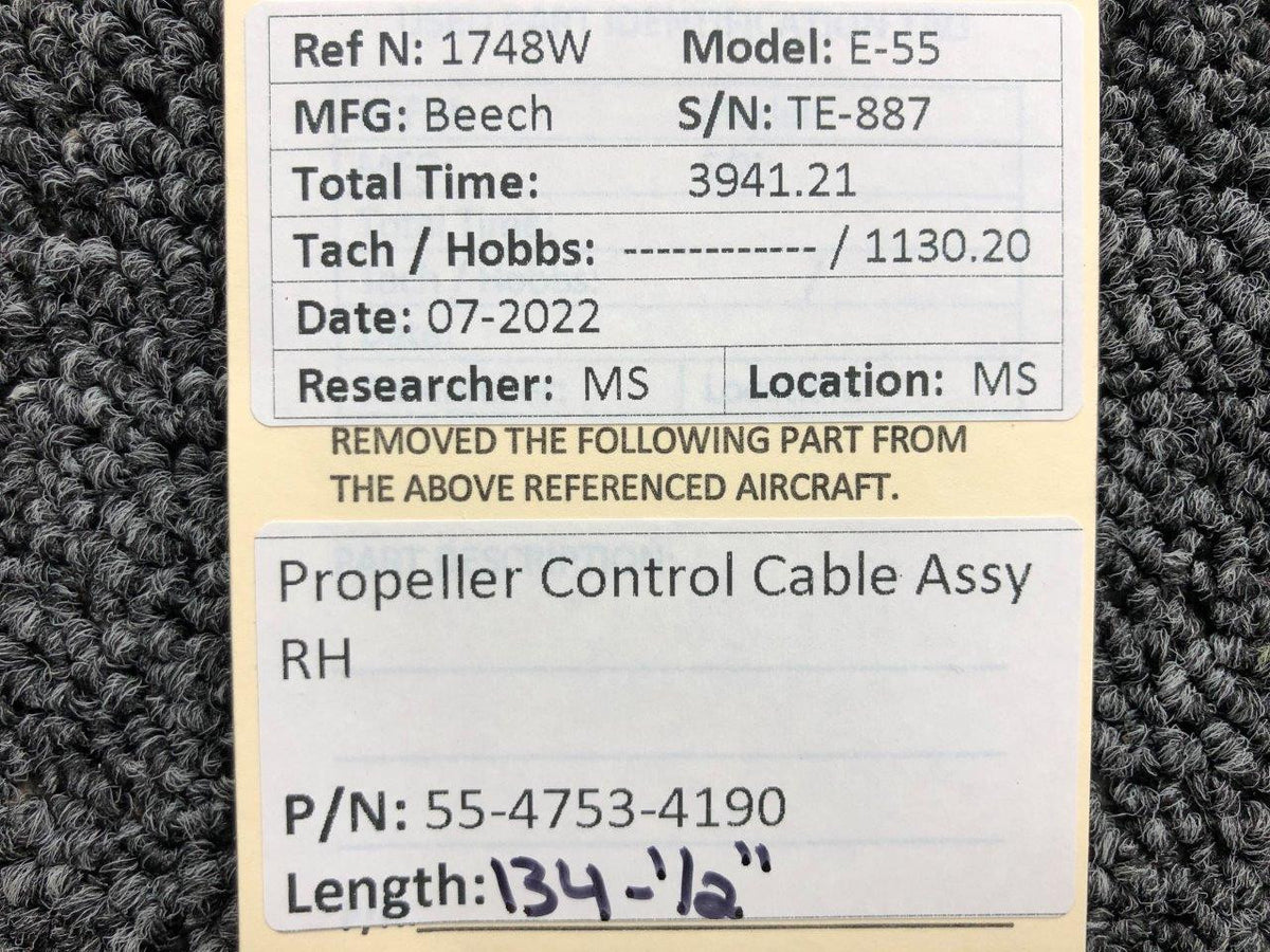 55-4753-4190 Beechcraft E-55 Propeller Control Cable Assy RH (Length: 134-1/2") BAS Part Sales | Airplane Parts